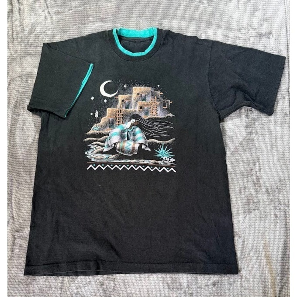 Vintage 1991 Maiden West Southwest Graphic T-Shirt Black Teal Nathan Desert XL